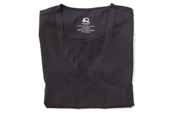 Women’s premium Flex 3-Pocket Scrub Top in shade black folded frontview