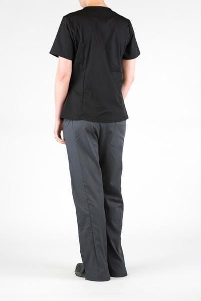 Women’s premium Flex 3-Pocket Scrub Top in shade black paired with women's Flex Pants in shade pewter back view