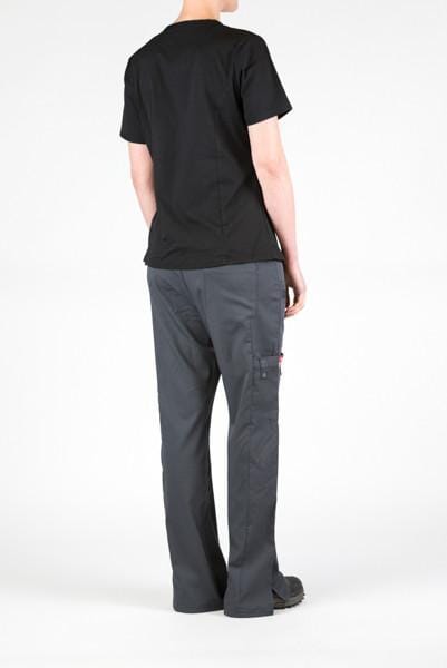 Women’s premium Flex 3-Pocket Scrub Top in shade black paired with women's Flex Pants in shade pewter from behind alternate view