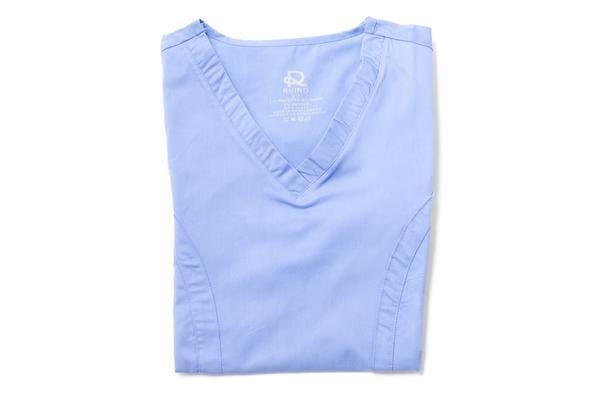 Women’s premium Flex 3-Pocket Scrub Top in shade periwinkle folded frontview