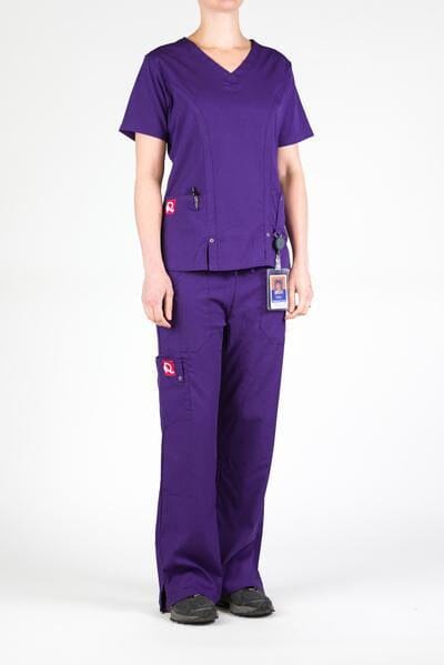 Women’s premium Flex 3-Pocket Scrub Top in shade eggplant paired with matching scrub set women's Flex Pants in shade eggplant front view