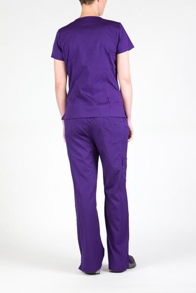 Women’s premium Flex 3-Pocket Scrub Top in shade eggplant paired with matching scrub set women's Flex Pants in shade eggplant back view