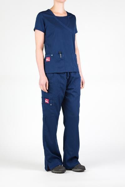 Women’s premium Flex 3-Pocket Scrub Top in shade navy paired with matching scrub set women's Flex Pants in shade navy side view with logos