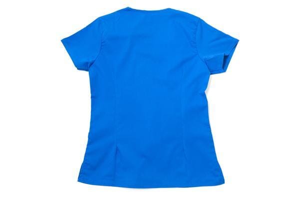 Women’s premium Flex 3-Pocket Scrub Top in shade royal blue open back view