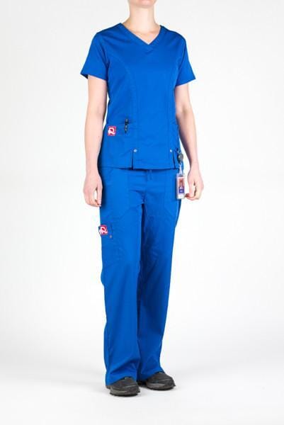 Women’s premium Flex 3-Pocket Scrub Top in shade royal blue paired with matching scrub set women's Flex Pants in shade royal blue front view