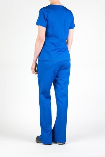 Women’s premium Flex 3-Pocket Scrub Top in shade royal blue paired with matching scrub set women's Flex Pants in shade royal blue back view