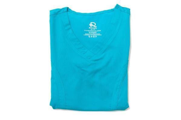 Women’s premium Flex 3-Pocket Scrub Top in shade teal folded front view