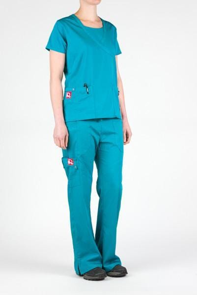 Women’s premium Flex 3-Pocket Scrub Top in shade teal paired with matching scrub set women's Flex Pants in shade teal front view with logos