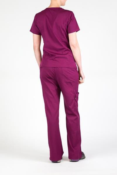 Women’s premium Flex 3-Pocket Scrub Top in shade wine paired with matching scrub set women's Flex Pants in shade wine back view