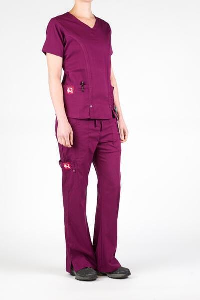 Women’s premium Flex 3-Pocket Scrub Top in shade wine paired with matching scrub set women's Flex Pants in shade wine front view with logos