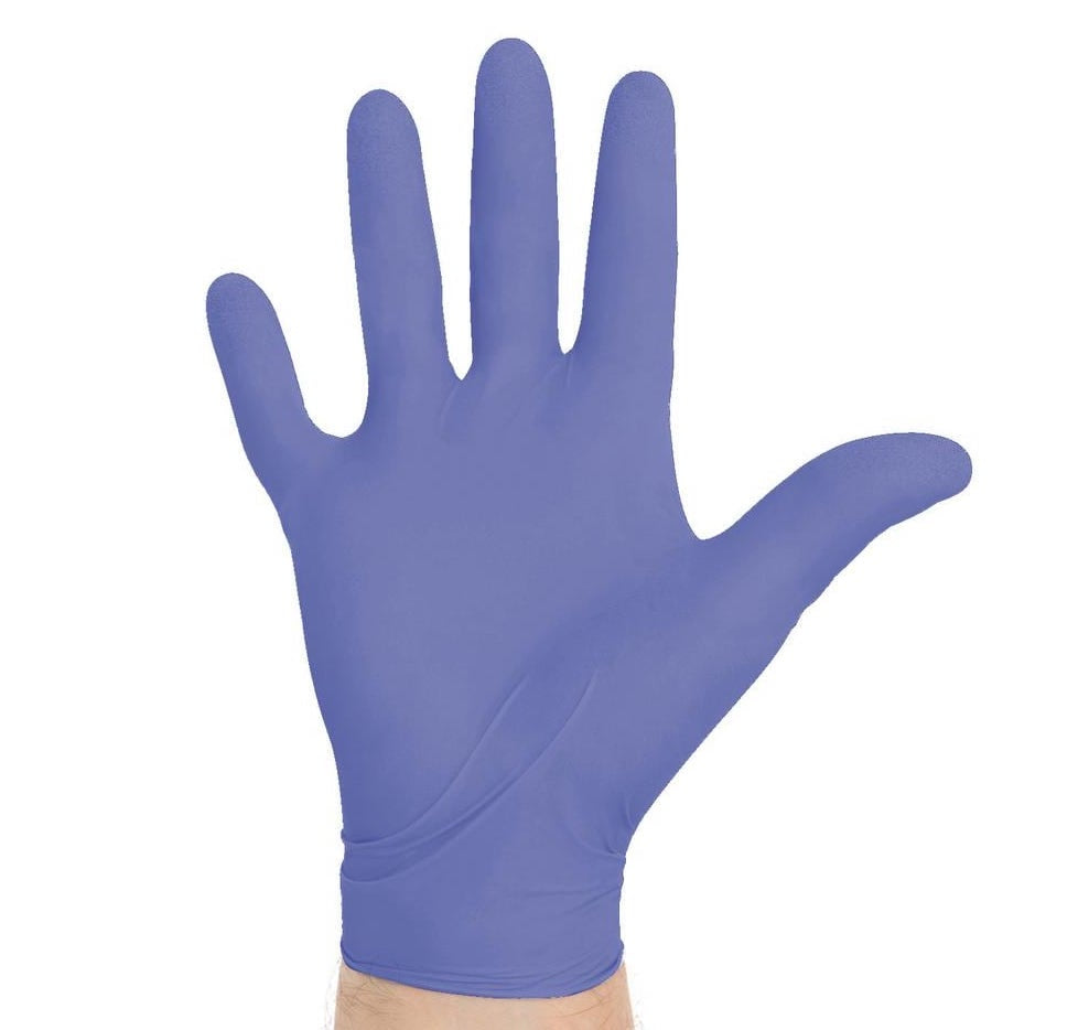 HALYARD NITRILE EXAM GLOVES in blue on model's hand