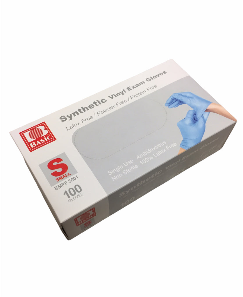 Basic Synthetic Vinyl Exam Gloves in blue packaging box