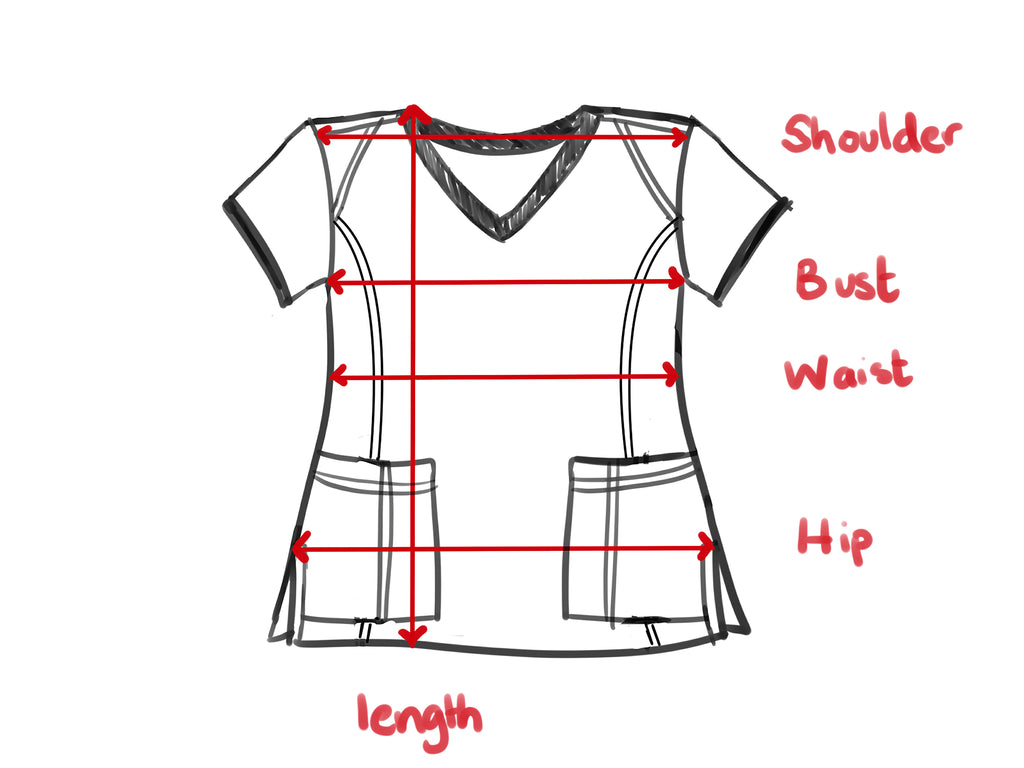 TWU Pre-Embroidered Flex Stretch V-Neck Scrub Top sizing guide diagram