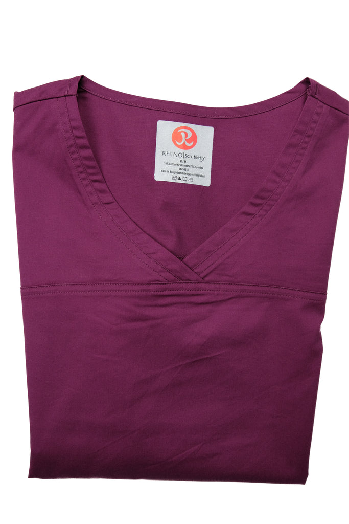 Women's Tailored 4-Pocket V-Neck Scrub Top in Wine folded front view