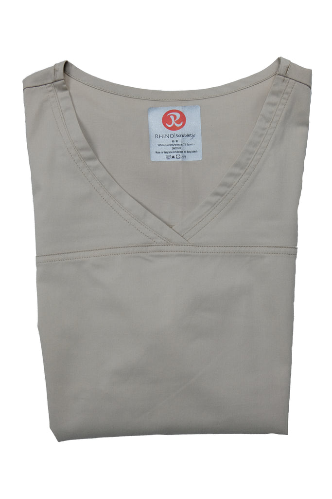 Women's Tailored 4-Pocket V-Neck Scrub Top in beige folded view