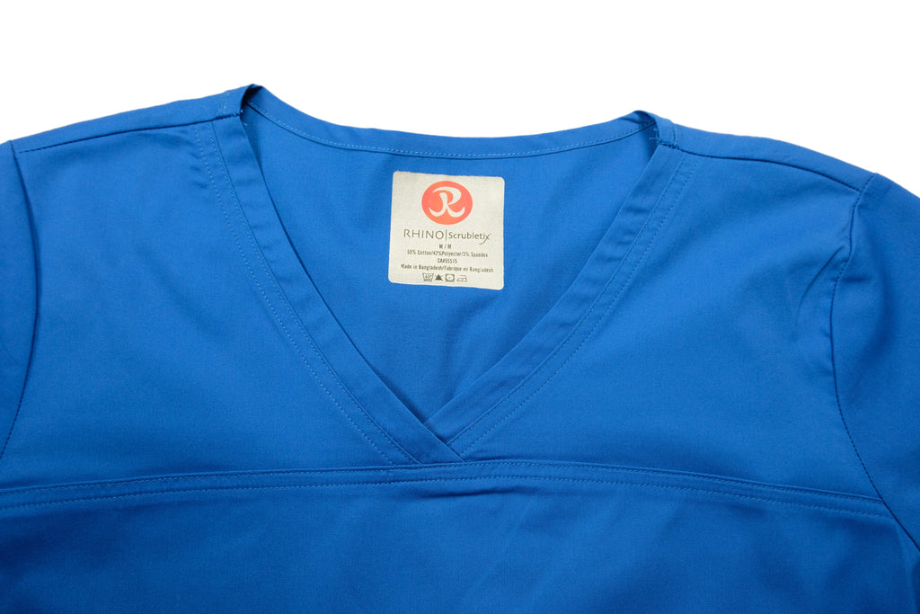 Women's Tailored 4-Pocket V-Neck Scrub Top in Royal Blue closeup on neckline