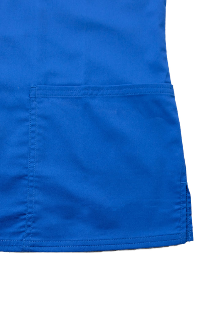 Women's Tailored 4-Pocket V-Neck Scrub Top in Royal Blue closeup on pocket