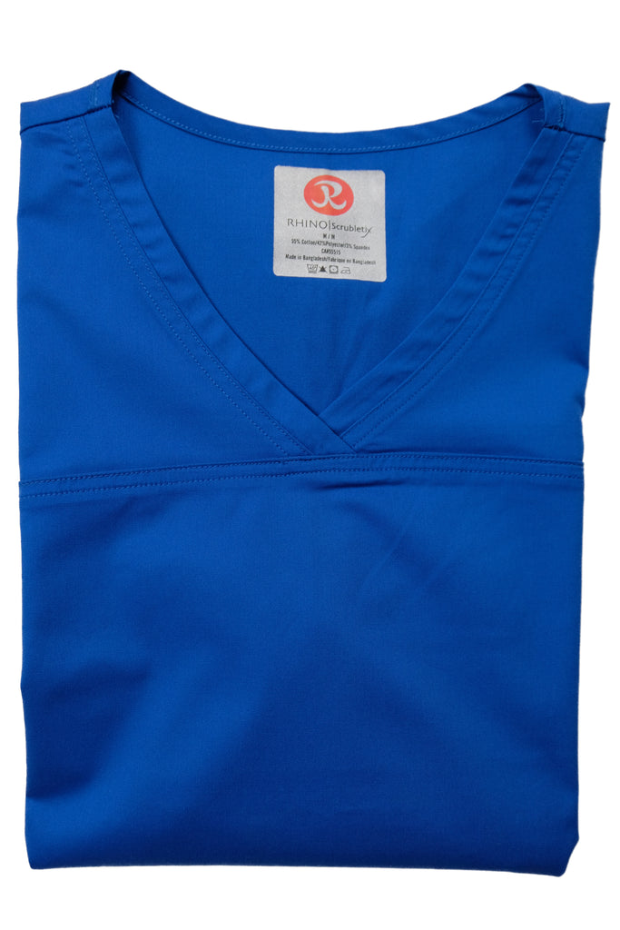 Women's Tailored 4-Pocket V-Neck Scrub Top in Indigo folded front view