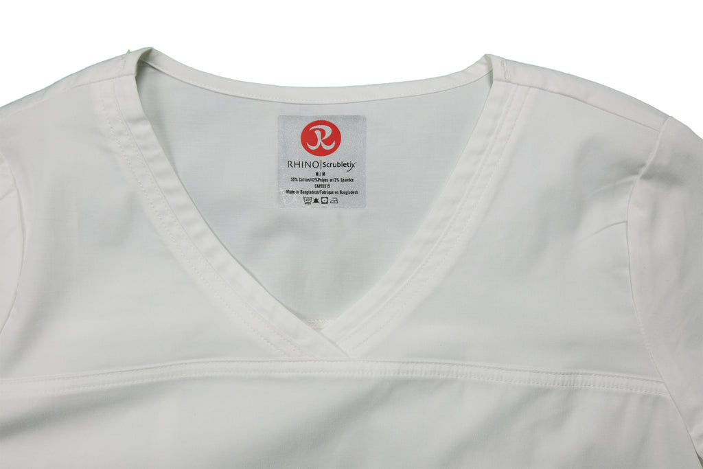 Women's Tailored 4-Pocket V-Neck Scrub Top in White closeup on neckline