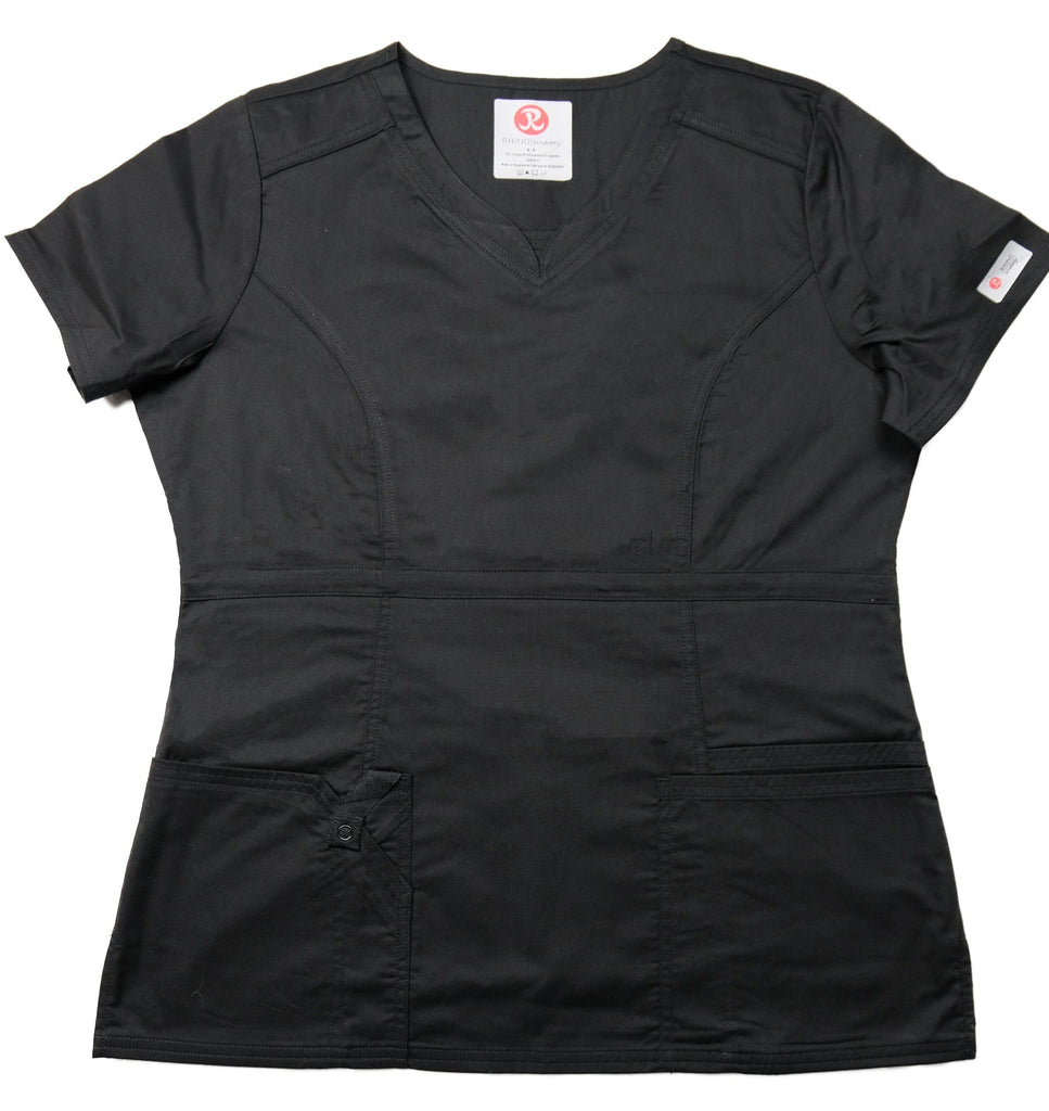 Women's 4-Pocket Curved V-Neck Scrub Top in Black front view