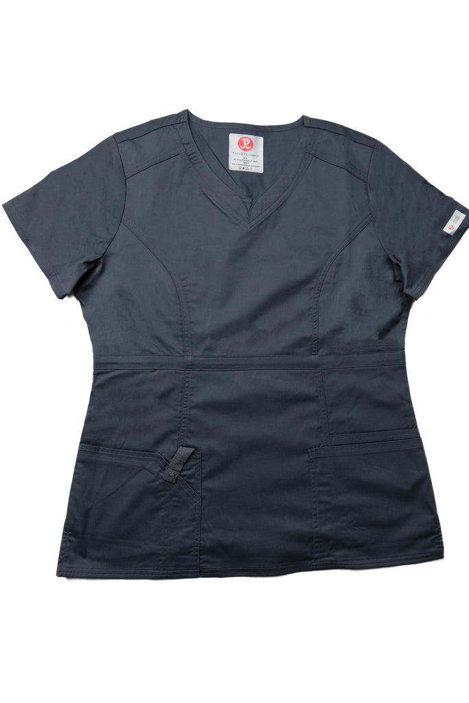 Women's 4-Pocket Curved V-Neck Scrub Top in Charcoal front view
