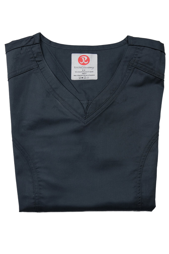Women's 4-Pocket Curved V-Neck Scrub Top in Charcoal folded view