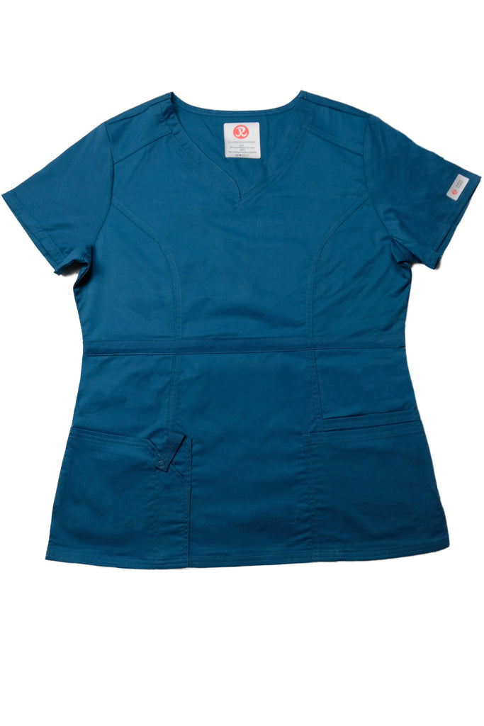 Women's 4-Pocket Curved V-Neck Scrub Top in Caribbean front view